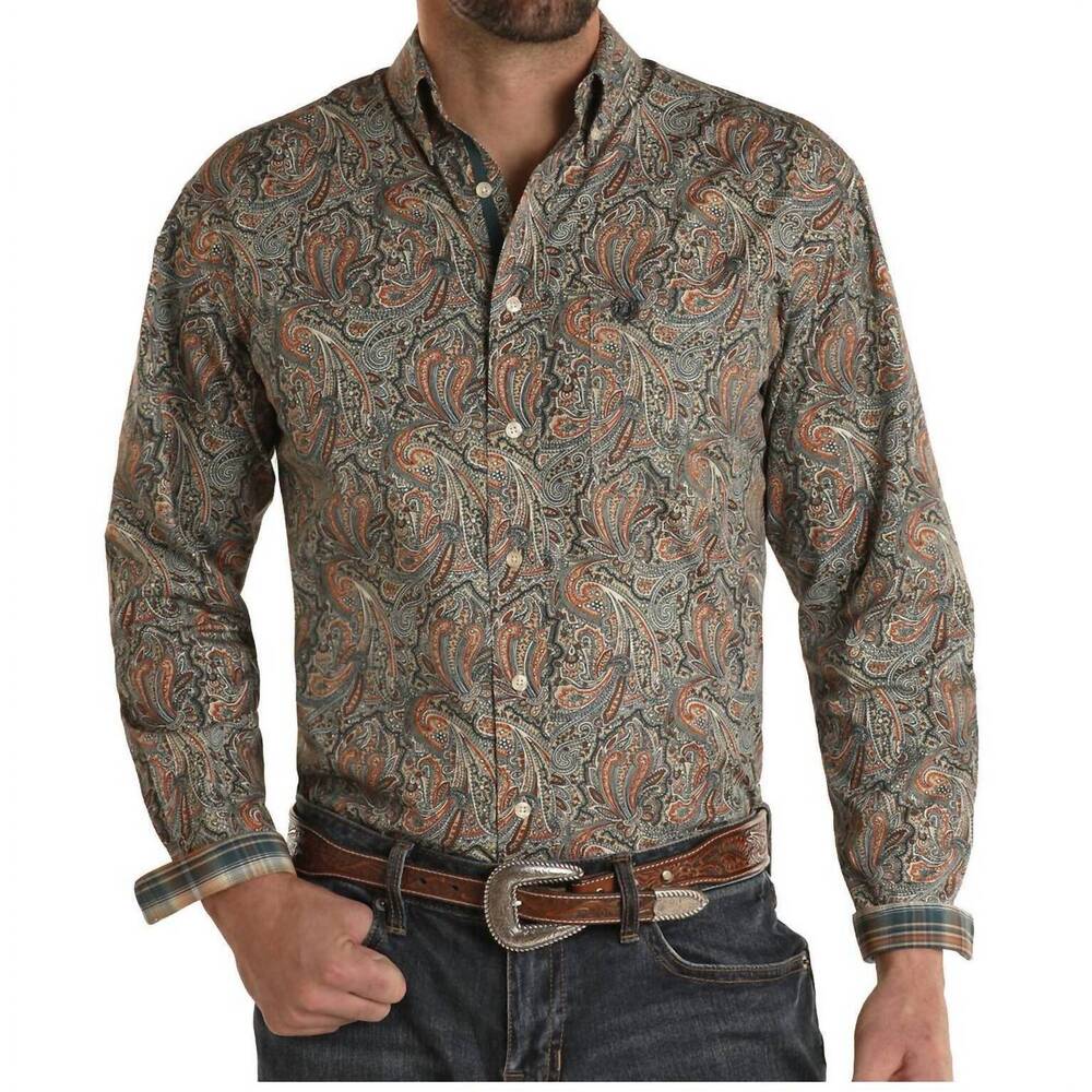 NEW PANHANDLE paisley long sleeve single pocket button down shirt in tan